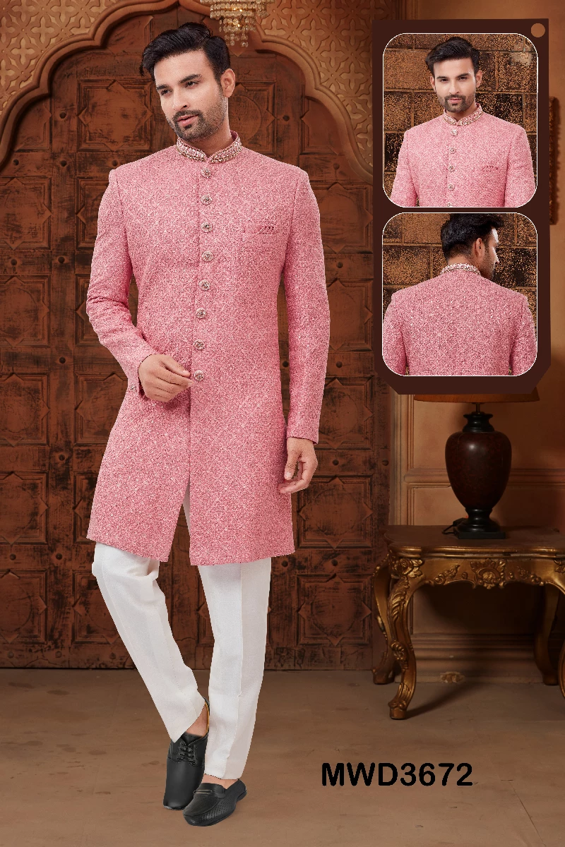 Readymade Pink Chikankari Sherwani In Art Silk, 36-1.webp